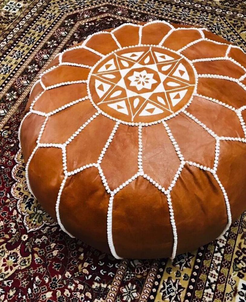 Traditional Round Leather Pouf